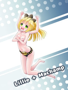 1girl absurdres barefoot blonde_hair bluebird_(bluebird90) blush character_name commentary_request cosplay covering_breasts covering_privates extra_arms gen_1_pokemon green_eyes grey_background highres lillie_(pokemon) long_hair machamp machamp_(cosplay) navel nintendo open_mouth pokemon pokemon_sm solo topless_female