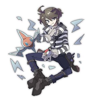 1boy :3 ahoge ankle_boots bandaged_neck bandages blue_pants boots brown_boots brown_gloves brown_hair crossover fang full_body gen_4_pokemon gloves grey_eyes hair_between_eyes half-closed_eye highres holding holding_poke_ball identity_v leg_brace looking_to_the_side lower_eyelashes_only luca_balsa male_focus mdr_31 nintendo pants poke_ball poke_ball_(basic) pokemon pokemon_(creature) ponytail popped_collar rotom short_ponytail sitting