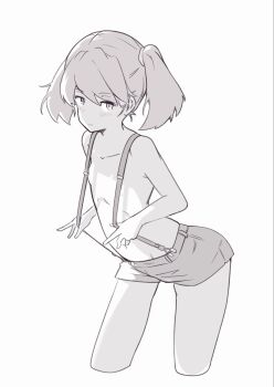 1girl chakoru cropped_legs flat_chest greyscale highres kantai_collection leaning_forward long_hair looking_at_viewer monochrome naked_suspenders ryuujou_(kancolle) shorts solo standing suspenders twintails
