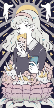 1girl blonde_hair cellphone collared_shirt creature cross cross_necklace earrings eating flower food hairband halo halo_behind_head hasuimo highres holding holding_food holding_phone jewelry latin_cross long_hair long_sleeves necklace original phone pink_flower religion shirt smartphone solo_focus unicorn upper_body