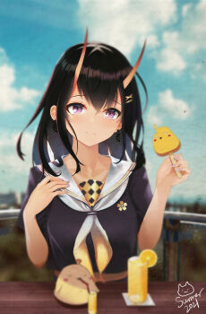 1girl absurdres artist_logo azur_lane black_hair black_shirt blue_sky cloud cloudy_sky commentary drinking_straw drinking_straw_in_mouth earrings english_commentary food fruit hair_between_eyes highres holding holding_food holding_popsicle jewelry juice logo long_hair looking_at_viewer manjuu_(azur_lane) neckerchief noshiro_(azur_lane) orange_(fruit) orange_juice orange_slice popsicle pov_across_table purple_eyes sailor_collar shirt short_sleeves sky solo white_neckerchief white_sailor_collar yibanmaotou