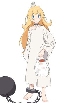 Rule 34 | 1girl, 4uys, bag, ball and chain restraint, blonde hair, blue eyes, blush stickers, chain, closed mouth, collar, collarbone, commentary request, crown, full body, highres, hime-sama "goumon" no jikan desu, hime (himesama goumon), holding, holding bag, long hair, long sleeves, looking at viewer, mini crown, oversized clothes, prisoner, raised eyebrows, shirt, simple background, solo, standing, white background, white shirt