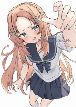 Rule 34 | 1girl, aqua eyes, arm up, black bow, black bowtie, black sailor collar, black skirt, bluesky username, blush, bow, bowtie, braid, collarbone, commentary, crown braid, curled fingers, d:, feet out of frame, fingernails, flat chest, from above, furrowed brow, hair ornament, hairclip, highres, long hair, looking at viewer, miniskirt, multiple hair clips, open mouth, orange hair, original, parted bangs, pleated skirt, sailor collar, school uniform, serafuku, shirt, short sleeves, simple background, skirt, socks, solo, summer uniform, sweatdrop, very long hair, wavy hair, white background, white shirt, white socks, x hair ornament, yamano rokamizu