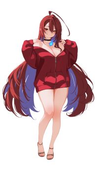 1girl ahoge alternate_costume black_choker blue_fire breasts choker colored_inner_hair commentary elizabeth_rose_bloodflame feet fire fire_on_chest highres hololive hololive_english hood hoodie huge_ahoge long_hair looking_at_viewer multicolored_hair off_shoulder open-toe_shoes red_eyes red_hair sansha_art simple_background smile solo two-tone_hair very_long_hair virtual_youtuber white_background