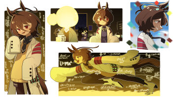 1girl :d absurdres agnes_tachyon_(tach-nology)_(umamusume) agnes_tachyon_(umamusume) animal_ears black_pantyhose boots brown_hair calculus character_request cowboy_shot daku_k full_body hair_between_eyes highres horse_ears horse_girl horse_tail lab_coat math multiple_views open_mouth pantyhose physics profile red_eyes running short_hair sleeves_past_fingers sleeves_past_wrists smile sweat sweater tail test_tube umamusume upper_body white_boots yellow_sweater