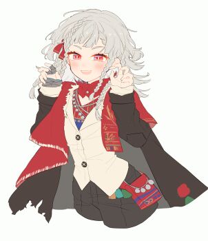 1girl :d absurdres black_coat black_pants blush claw_pose cloak coat commentary_request cowboy_shot cropped_legs hands_up highres jacket korean_commentary looking_at_viewer medium_hair open_mouth pants quad_braids red_cloak red_eyes red_shirt reverse:1999 ribbon rubuska shirt smile solo tabin white_background white_hair white_jacket