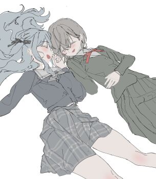 2girls bananahaemeog bang_dream! bang_dream!_girls_band_party! bang_dream!_it's_mygo!!!!! blue_hair blush closed_eyes commentary highres holding_hands long_hair lying multiple_girls open_mouth school_uniform short_hair simple_background skirt smile symbol-only_commentary takamatsu_tomori togawa_sakiko white_background yuri