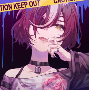 1girl black_choker blue_nails botantouki caution_tape choker eyepatch fang finger_in_own_mouth fingernails half-closed_eyes highres horse_girl jewelry long_fingernails multicolored_hair portrait purple_hair ring short_hair single_hair_streak solo streaked_hair tanino_gimlet_(umamusume) umamusume yellow_eyes