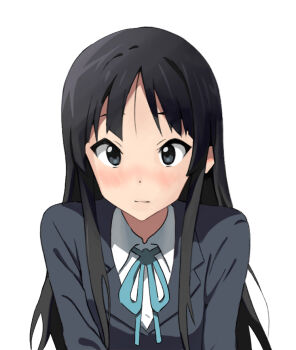 Rule 34 | 1girl, akiyama mio, black eyes, black hair, black jacket, blazer, blue ribbon, closed mouth, collared shirt, commentary request, jacket, k-on!, long hair, looking at viewer, neck ribbon, portrait, ribbon, sakuragaoka high school uniform, school uniform, sesese mimi, shirt, simple background, solo, white background, white shirt, winter uniform