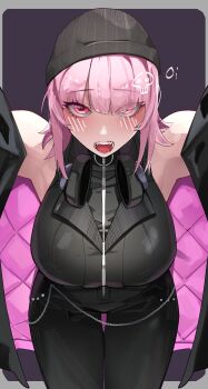 Rule 34 | 1girl, absurdres, beanie, black bodysuit, black jacket, black jumpsuit, blunt bangs, bodysuit, breasts, hat, headphones, headphones around neck, highres, hololive, hololive english, jacket, jumpsuit, large breasts, looking at viewer, mori calliope, mori calliope (the story thus far), official alternate costume, official alternate hairstyle, pink eyes, pink hair, quilted jacket, rikuje, short hair, sleeveless jumpsuit, solo, two-sided fabric, two-sided jacket, virtual youtuber, white background, wolf cut