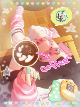 1girl absurdres arm_warmers black_skirt bow chinatsu_remiel coffee coffee_mug cup green_bow green_hair green_nails heart highres latte_art loose_socks mug nail_polish official_art pink_shoes pouch shirt shoes single_thighhigh sitting skirt socks solo speech_bubble star_(symbol) striped_arm_warmers striped_clothes striped_socks thigh_pouch thigh_strap thighhighs thighs torn_clothes torn_thighhighs white_shirt zenless_zone_zero