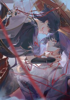 Rule 34 | 1boy, 8697092617, bishounen, black shorts, blurry, depth of field, dual persona, eyeliner, genshin impact, hands on another's neck, hat, highres, japanese clothes, jingasa, looking at another, male focus, purple eyes, purple hair, red eyeliner, sandals, scaramouche (genshin impact), scaramouche (kabukimono) (genshin impact), shorts, solo, string, string of fate, veil