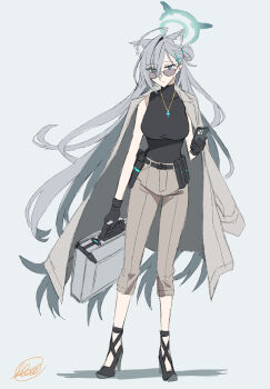 1girl animal_ear_fluff animal_ears black_gloves black_shirt black_shoes blew_andwhite blue_archive brown_pants cellphone closed_mouth coat coat_on_shoulders commentary_request cross cross_hair_ornament cross_necklace extra_ears gloves grey-tinted_eyewear grey_coat hair_ornament high_heels highres holding holding_phone holding_suitcase jewelry necklace official_alternate_costume pants phone shiroko_terror_(blue_archive) shirt shoes sleeveless sleeveless_shirt sleeveless_turtleneck smartphone solo suitcase sunglasses tinted_eyewear turtleneck turtleneck_shirt wolf_ears wolf_girl