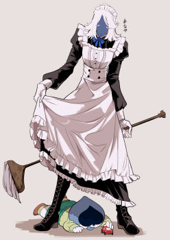 blue_skin child colored_skin crossdressing crossdressing_(mtf) deltarune dress highres lancer_(deltarune) long_hair maid maid_headdress multiple_boys rouxls_kaard smile taharu_(papiyas) utdr_(toby_fox) white_hair