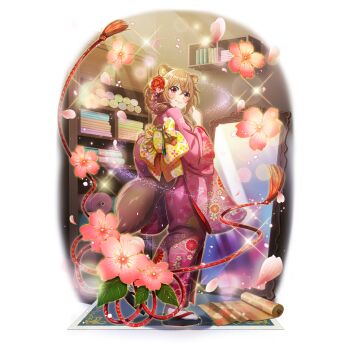 1girl animal_ear_fluff animal_ears artist_request blush braid braided_ponytail child flip-flops floral_print floral_print_kimono flower flower_request from_behind full-length_mirror full_body game_cg glowing hair_flower hair_ornament hand_up indoors japanese_clothes kimono looking_at_viewer looking_to_the_side messy_hair mirror official_alternate_costume official_art outline pink_flower pink_kimono print_kimono raccoon_ears raccoon_girl raccoon_tail raphtalia red_flower reflection sandals shelf simple_background socks solo standing tail tate_no_yuusha_no_nariagari tate_no_yuusha_no_nariagari_rerise transparent_background wavy_mouth white_flower white_socks yukata