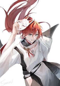 Rule 34 | 1boy, arm up, floating hair, fox mask, from above, green eyes, hair between eyes, high ponytail, highres, holding, holding mask, japanese clothes, kariginu, lauren iroas, lauren iroas (5th costume), long hair, looking at viewer, male focus, marota 0, mask, nijisanji, ponytail, red hair, simple background, smile, solo, tassel, virtual youtuber, white background, wide sleeves