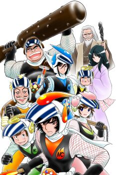 Rule 34 | 2girls, 6+boys, arms up, bandana, beard, belt, belt pouch, black bodysuit, black eyes, black gloves, black hair, blue eyes, bodysuit, brown eyes, brown hair, brown kimono, closed mouth, club (weapon), commentary request, energy gun, facial hair, fishnet sleeves, fishnets, fukuro saburoubee, gears, gloves, grey hair, gun, hair between eyes, hana nin captor 3, hand up, helmet, highres, holding, holding club, holding gun, holding nunchaku, holding staff, holding weapon, izumi keita, izumo daisuke, japanese clothes, ka nin captor 7, kane nin captor 5, kataginu, kaze nin captor 6, kimono, kurokawa dan, long hair, looking at viewer, mizu nin captor 2, motorcycle helmet, multiple boys, multiple girls, mustache, ninja captor, nunchaku, okano takeshi, old, old man, ooyama noboru, open mouth, orange eyes, pink kimono, pouch, rai nin captor 1, sakurakouji maria, shijou sakon, short hair, simple background, smile, staff, teeth, tendou miki, tendou mujin, tokusatsu, tsuchi nin captor 4, upper teeth only, weapon, white background, white bandana, white belt, white hair