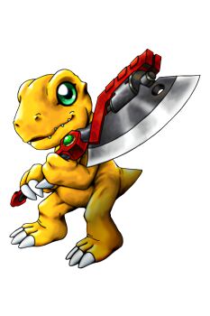 Rule 34 | agumon, axe, claws, digimon, digimon (creature), digimon world x, green eyes, highres, looking at viewer, sera-chan (pixiv user 39646239), sharp teeth, teeth, transparent background