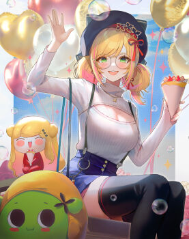 Rule 34 | 2girls, :d, absurdres, aengdohwa, animal hat, bag, balloon, black thighhighs, blonde hair, blush, blush stickers, breasts, bubble, cat hat, chibi, cleavage, cleavage cutout, clothing cutout, crepe, denim, denim skirt, food, glasses, green eyes, handbag, hashtag-only commentary, hat, highres, holding, holding crepe, holding food, looking at viewer, mechaffyna, medium breasts, medium hair, mole, mole on breast, mole under eye, multiple girls, nijisanji, nijisanji kr, open mouth, seffyna, seffyna (3rd costume), skirt, smile, sparkle, suspenders, sweater, thighhighs, turtleneck, turtleneck sweater, twintails, virtual youtuber, waving, zettai ryouiki