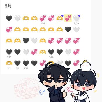 2boys animal animal_on_head biyoo_(omniscient_reader&#039;s_viewpoint) black_coat black_eyes black_hair black_shirt coat collared_shirt commentary double-parted_bangs emoji english_commentary hair_between_eyes heart heart_hands heart_hands_failure highres kim_dokja kimidori_22 male_focus multiple_boys omniscient_reader&#039;s_viewpoint on_head open_clothes open_coat popped_collar shirt short_hair thumbs_up upper_body white_coat yoo_joonghyuk