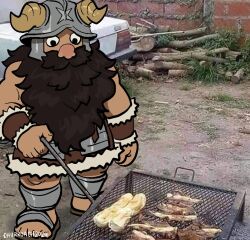 Rule 34 | 1boy, beard, churroach, cooking, dungeon meshi, dwarf, facial hair, fake horns, food, full body, grill, grilling, helmet, holding, holding tongs, horned helmet, horns, long beard, looking at object, male focus, muscular, muscular male, parody request, photo background, senshi (dungeon meshi), solo, standing, thick mustache, tongs, very long beard