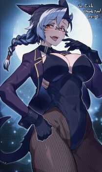 1girl animal_ears asymmetrical_bangs black_gloves black_hair black_leotard black_pantyhose blue_background braid breasts commentary_request commission cowboy_shot eyeshadow facial_mark fangs fishnet_pantyhose fishnets full_moon glasses gloves hand_up highleg highleg_leotard highres jacket large_breasts leotard lilly_(grapekittylilly) long_hair long_sleeves looking_at_viewer makeup matsumoto_tomoyohi moon multicolored_hair night open_clothes open_jacket open_mouth original outdoors pantyhose purple_eyeshadow purple_jacket red_eyes skeb_commission smile solo tail whisker_markings