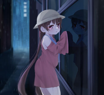 1girl blurry blurry_background brown_hair commentary_request cowboy_shot detached_sleeves different_reflection dress dual_persona from_side hair_between_eyes hat highres long_hair long_sleeves ne_an_ito outdoors parted_lips pink_dress pink_sleeves purple_eyes rain reflection sleeves_past_fingers sleeves_past_wrists solo tsukuyomi_ai twintails very_long_hair voiceroid window