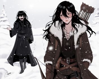 1boy 1girl absurdres belt black_hair black_robe brother_and_sister brown_gloves brown_tunic catphine collared_shirt commentary english_commentary footprints fur_collar gloves hair_between_eyes hand_in_pocket hand_up head_tilt highres long_hair outdoors quiver rain_(shadow_slave) robe rope_belt shadow_slave shirt siblings snow snowing sunny_(shadow_slave) talking tree tunic walking white_shirt