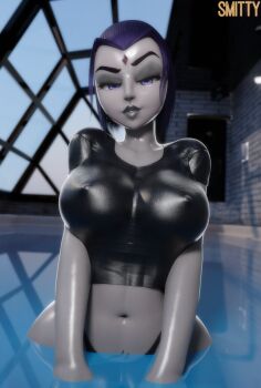 1girl 3d absurdres artist_name black_panties breasts colored_skin covered_erect_nipples curvy dc_comics forehead_jewel grey_skin highres huge_breasts lips looking_at_viewer medium_hair navel panties pool purple_eyes purple_hair raven_(dc) shirt smitty solo thick_lips underwear water wet wet_clothes wet_shirt wide_hips