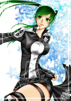 1girl abstract_background armored_boots belt black_belt black_boots black_jacket black_order_uniform black_shorts black_skirt blue_background blush boots border breasts buttons collared_jacket cross d.gray-man earrings emblem floating_hair front_zipper green_eyes green_hair hair_ornament hairclip jacket jewelry lenalee_lee lipgloss long_hair looking_to_the_side medium_breasts miniskirt multicolored_jacket outside_border pink_lips shorts sidelocks skirt skyhighb solo striped_clothes striped_jacket striped_shorts stud_earrings thigh_strap thighs twintails two-tone_background two-tone_jacket vertical-striped_clothes vertical-striped_jacket very_long_hair white_background white_border white_jacket zipper