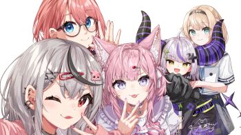 Rule 34 | 5girls, absurdres, ahoge, animal ear fluff, animal ears, antenna hair, black-framed eyewear, black jacket, black skirt, black streaks, blonde hair, blue eyes, closed mouth, commentary, crescent, crescent hair ornament, cross hair ornament, demon girl, demon horns, demon tail, ear piercing, fang, glasses, grey hair, hair ornament, hairpin, hakui koyori, hakui koyori (school uniform), highres, holo, hololive, holox, horns, jacket, kazama iroha, kazama iroha (school uniform), la+ darknesss, la+ darknesss (casual), long hair, looking at viewer, medium hair, multiple girls, nail polish, official alternate costume, one eye closed, open mouth, piercing, pink hair, purple eyes, purple streaks, red nails, sakamata chloe, sakamata chloe (gyarumata), shirt, short hair, skin fang, skirt, sleeves past fingers, sleeves past wrists, smile, tail, takane lui, takane lui (british gothic), tongue, tongue out, u da desu, very long hair, virtual youtuber, white background, white shirt, wolf ears, wolf girl, x hair ornament