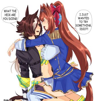 2girls animal_ears arms_around_neck black_jacket black_shorts black_thighhighs blue_jacket blue_skirt blush bow breasts brown_hair center_frills commentary crop_top daiwa_scarlet_(peak_blue)_(umamusume) daiwa_scarlet_(umamusume) english_commentary english_text epaulettes frills garter_straps hair_bow hair_intakes hair_over_one_eye highres horse_ears horse_girl horse_tail jacket large_breasts long_hair long_sleeves midriff multicolored_hair multiple_girls navel open_mouth red_bow red_eyes seijousai shirt shorts simple_background sitting sitting_on_lap sitting_on_person skirt speech_bubble stopwatch stopwatch_around_neck tail thighhighs tiara twintails umamusume very_long_hair vodka_(umamusume) vodka_(wild_top_gear)_(umamusume) watch white_background white_shirt yellow_shirt yuri