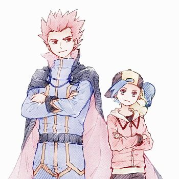 Rule 34 | 2boys, backwards hat, belt, black belt, black cape, blue jacket, blue pants, cape, closed mouth, commentary, crossed arms, cyndaquil, ethan (pokemon), gen 2 pokemon, hat, highres, jacket, lance (pokemon), long sleeves, male focus, multiple boys, nintendo, on shoulder, pants, pokemon, pokemon (creature), pokemon hgss, pokemon on shoulder, red hair, shirt, short hair, simple background, smile, symbol-only commentary, tan carbonnn, white background