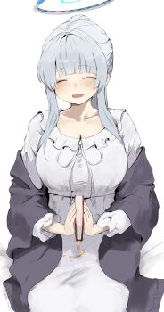 1girl ^_^ absurdres arched_bangs black_robe blue_archive blunt_bangs blush breasts cleavage closed_eyes collarbone commentary_request dress facing_viewer grey_hair halo highres large_breasts morishin546 noa_(blue_archive) noa_(pajamas)_(blue_archive) official_alternate_costume ponytail robe sidelocks simple_background sitting sleepwear smile solo white_background white_dress