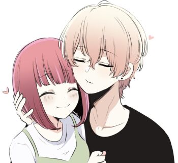 1boy 1girl aquakana_love arima_kana black_shirt blonde_hair blush bob_cut cheek_press chinese_commentary closed_eyes commentary_request earrings heart hetero hoshino_aquamarine inverted_bob jewelry oshi_no_ko partial_commentary red_hair shirt short_hair simple_background stud_earrings white_background white_shirt