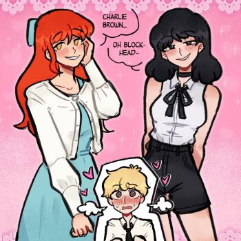 Rule 34 | 1boy, 2girls, aged up, black choker, black hair, black necktie, black ribbon, black shorts, blonde hair, blue dress, brown eyes, chainsaw man, charlie brown, choker, cosplay, denji (chainsaw man), denji (chainsaw man) (cosplay), dress, heart, little red haired girl, long hair, lucy van pelt, makima (chainsaw man), makima (chainsaw man) (cosplay), multiple girls, neck ribbon, necktie, peanuts (comic), red hair, reze (chainsaw man), reze (chainsaw man) (cosplay), ribbon, shirt, shirt tucked in, short hair, shorts, sleeveless, sleeveless shirt, smile, sourpromises