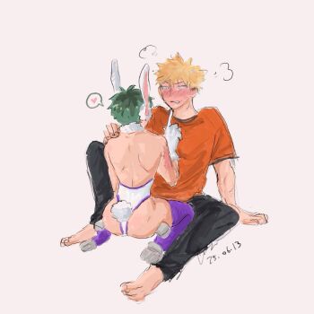 2boys ass ass_focus awkward bakudeku bakugou_katsuki barefoot bent_over blonde_hair blush boku_no_hero_academia bones_(company) boots cosplay curly_hair excited freckles gloves green_hair huge_ass leotard messy_hair midoriya_izuku mirko_(cosplay) multiple_boys pancakeice_twt pants rabbit_ears rabbit_tail scar scar_on_arm shirt shounen_jump sitting spiked_hair yaoi