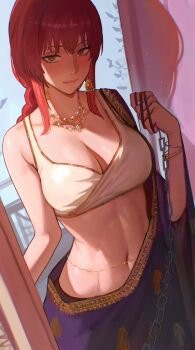 1girl alternate_costume belly_chain braid braided_ponytail breasts chainsaw_man cleavage closed_mouth cowboy_shot earrings hand_up highres jewelry large_breasts long_hair looking_at_viewer makima_(chainsaw_man) navel necklace orange_eyes pplord red_hair ringed_eyes shiny_skin smile solo