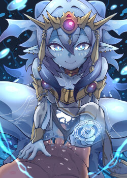 Rule 34 | 1girl, blue eyes, blue hair, blue skin, body writing, breasts, clothed female nude male, clothed sex, collarbone, colored skin, dominus impulse, duel monster, ear ornament, es (eisis), girl on top, gold tiara, hair between eyes, head wings, highres, long hair, nude, pelvic curtain, pointy ears, sex, smile, spread legs, tiara, vaginal, wings, yu-gi-oh!