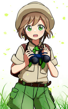 Rule 34 | 1boy, backpack, bag, belt, binoculars, breast pocket, brown bag, brown belt, brown hair, budding expeditioner (pokemon), collared shirt, commentary request, falling petals, grass, green eyes, green neckerchief, green shorts, hat, highres, holding, holding binoculars, looking at viewer, male focus, neckerchief, nintendo, open mouth, petals, pocket, pokemon, pokemon tcg, pokemon tcg pocket, shirt, short hair, short sleeves, shorts, solo, teeth, tongue, upper teeth only, white background, yyukisnow
