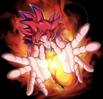 1boy aura black_background blue_shirt dougi dragon_ball dragon_ball_super dragon_ball_z dragon_ball_z_kami_to_kami dragonball_z full_body hashtag-only_commentary highres majinn48 male_focus medium_hair muscular muscular_male orange_pants orange_shirt pants red_eyes red_hair shirt smirk solo son_goku spiked_hair super_saiyan super_saiyan_god