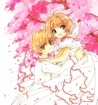 1990s_(style) 1boy 1girl :d absurdres antenna_hair brown_eyes brown_hair cardcaptor_sakura cherry_blossoms child clamp dress flower formal_clothes frilled_dress frills green_eyes hetero highres kinomoto_sakura li_syaoran magical_girl mini_wings official_art open_mouth retro_artstyle scan short_hair smile suit white_dress white_suit wings