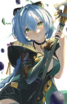 1girl animal_ears black_horns black_unitard blue_hair blurry blurry_background blurry_foreground braid breasts choker cleavage collarbone commentary crossed_bangs english_commentary falling_leaves goat_ears goat_girl goat_horns hair_between_eyes hair_intakes head_tilt highres holding holding_staff hood horizontal_pupils horns key key_choker laughy88 leaf long_hair looking_at_viewer lucia_elowen medallion medium_breasts parted_lips pointy_ears simple_background single_sleeve solo staff twin_braids upper_body white_background yellow_eyes zenless_zone_zero