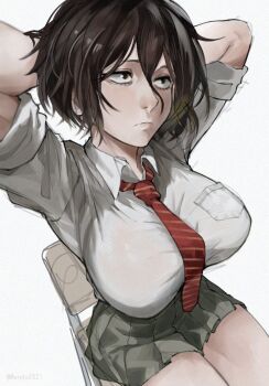 1girl arms_behind_head arms_up asai_akira breast_pocket breasts brown_hair chair closed_mouth collared_shirt commentary diagonal-striped_clothes diagonal-striped_necktie dress_shirt grey_skirt hair_between_eyes large_breasts light_frown looking_to_the_side loose_necktie mendo0821 miniskirt neckerchief necktie on_chair pleated_skirt pocket red_eyes red_neckerchief sanpaku school_chair school_uniform shirt short_hair simple_background sitting skirt sleeves_rolled_up solo striped_clothes striped_necktie white_background white_shirt yofukashi_no_uta