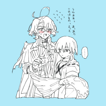 ... 1boy 1girl :d ahoge arknights ascot blue_background blush card chickenuma_0 choker closed_mouth coat collared_shirt commentary_request cropped_torso doctor_(arknights) earrings eyes_visible_through_hair female_doctor_(arknights) fins fish_boy fish_tail flying_sweatdrops gloves greyscale_with_colored_background hair_between_eyes hair_over_one_eye highres hood jacket jewelry long_hair long_sleeves looking_at_another lumen_(arknights) male_focus monochrome open_mouth partially_colored pointy_ears shirt short_hair simple_background smile spoken_ellipsis spot_color sweat tail turtleneck upper_body