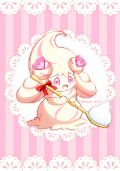 alcremie bow cream gen_8_pokemon highres holding looking_at_viewer nintendo no_humans pink_eyes piyoyo_oekaki pokemon pokemon_(creature) pokemon_swsh red_bow spoon twitter_username