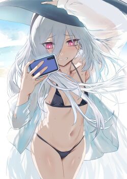 1girl arm_up bikini black_bikini black_hat blue_archive blush breasts cellphone cowboy_shot day hair_between_eyes hat hews highres holding holding_phone kei_(blue_archive) loli long_hair long_sleeves navel open_clothes open_shirt outdoors phone pink_eyes shirt small_breasts smartphone solo stomach swimsuit thighs white_hair white_shirt