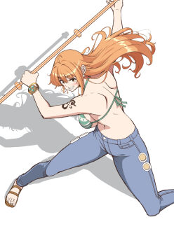 1girl back bangle bare_shoulders bikini bikini_top_only blue_pants blush bracelet breasts clima-tact commentary_request denim earrings feet fighting_stance floating_hair foot_out_of_frame green_bikini grin halterneck highres holding holding_staff jeans jewelry kojirou! large_breasts log_pose long_hair looking_at_viewer nami_(one_piece) one_piece orange_hair pants pearl_earrings sandals shoulder_tattoo smile solo staff standing swimsuit tattoo toes white_background