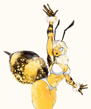 1girl abdomen_tail antennae aqua_eyes arm_up armpits art_trade arthropod_girl bee_girl black_fur blonde_hair bra breasts chest_fur cleavage commentary cropped_legs english_commentary fang highres insect_girl large_breasts monster_girl multicolored_fur one_eye_closed onni_vanilla orange_fur original panties pollen puffy_wrist_cuffs skin_fang solo stinger thick_thighs thighs underwear white_bra white_panties yellow_background yellow_fur