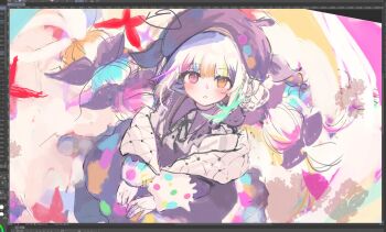 Rule 34 | 1girl, art program in frame, beret, black bow, bow, bug, butterfly, commentary request, hair bow, hat, heterochromia, highres, insect, jogasaki noah, long hair, long sleeves, looking at viewer, mahou shoujo no majo saiban, multi-tied hair, multicolored hair, neck ribbon, nemurin (iinemurin), parted lips, red butterfly, ribbon, solo, streaked hair, unfinished, white hair, yellow eyes
